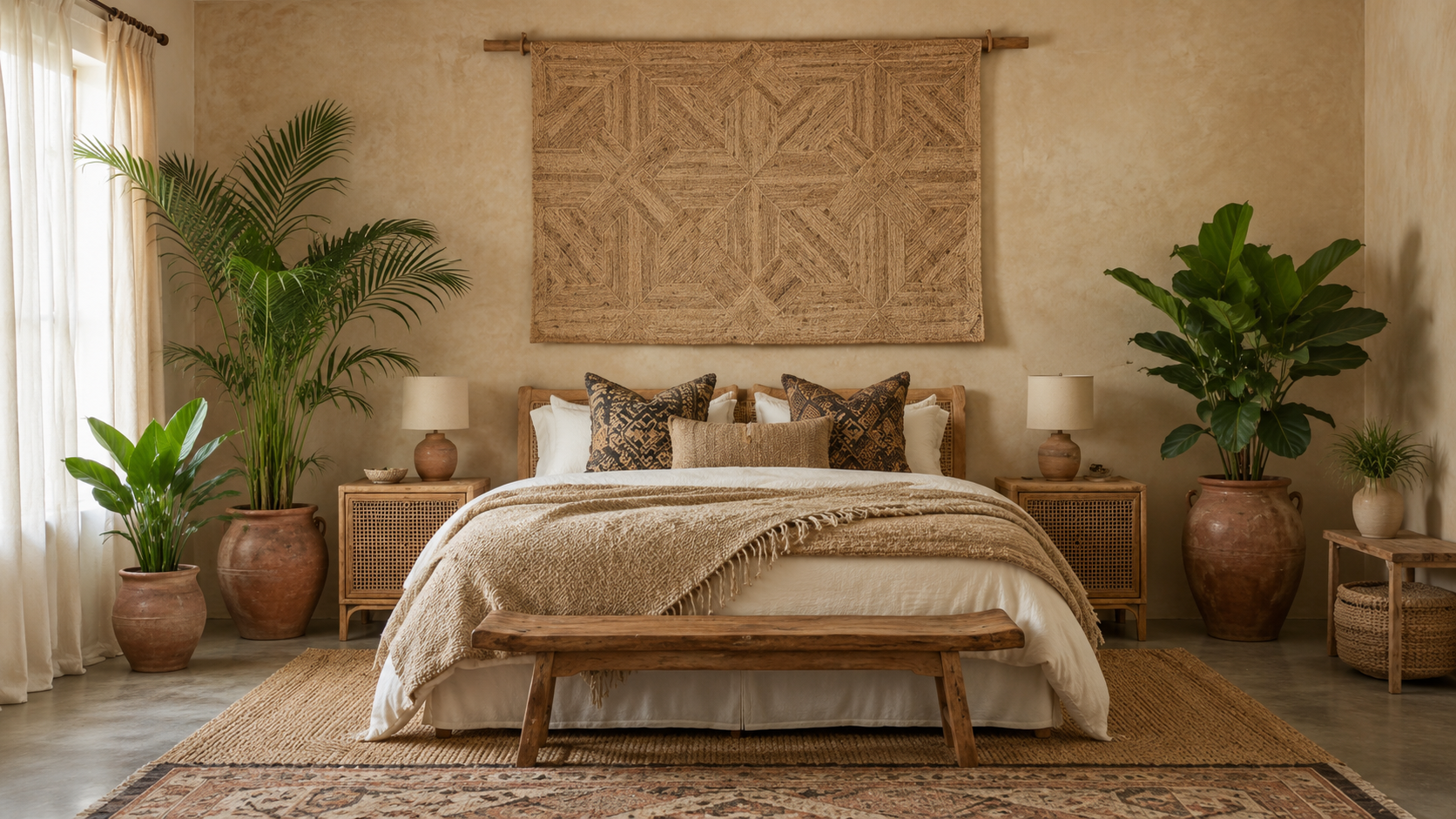 Chambre principale Sand Baya : tenture en jute tressé, lit en rotin, lampes terracotta, palmiers et plantes vertes