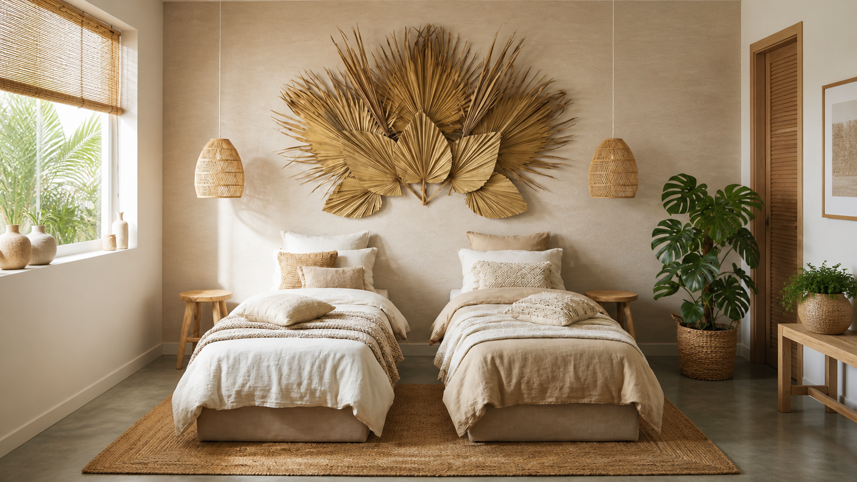 Seconde chambre Sand Baya : deux lits simples, palmes séchées au mur, suspensions rotin, monstera