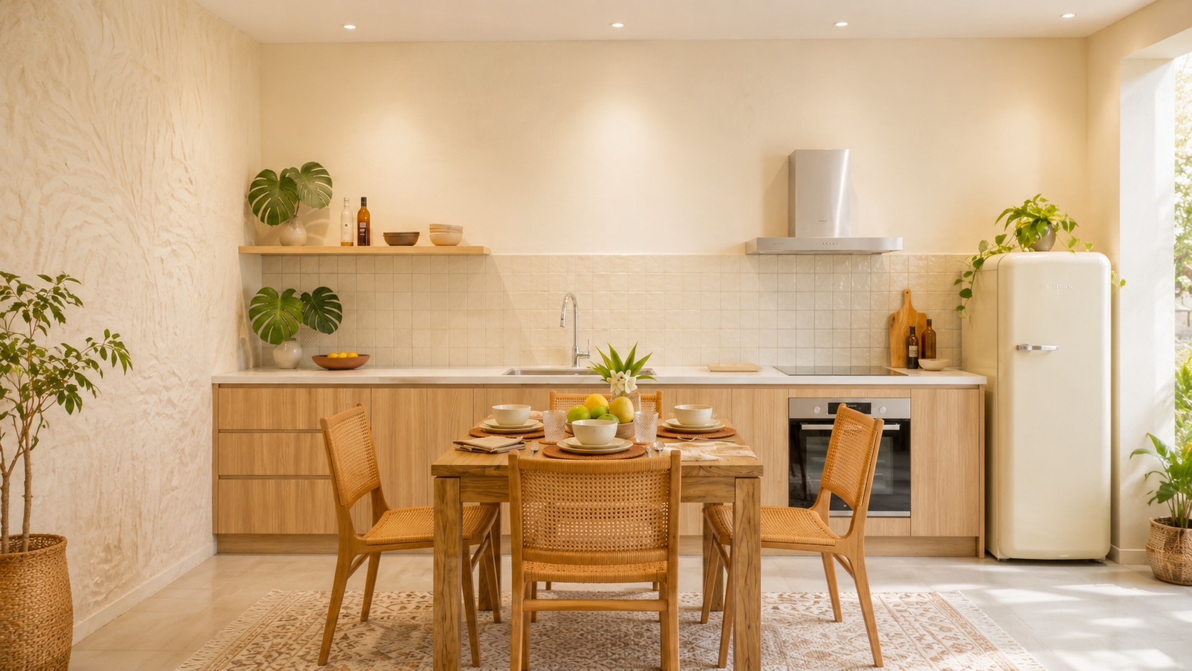 Cuisine ouverte Sand Baya : façades chêne clair, monstera, hotte inox, frigo SMEG crème, table en bois et chaises rotin cannées