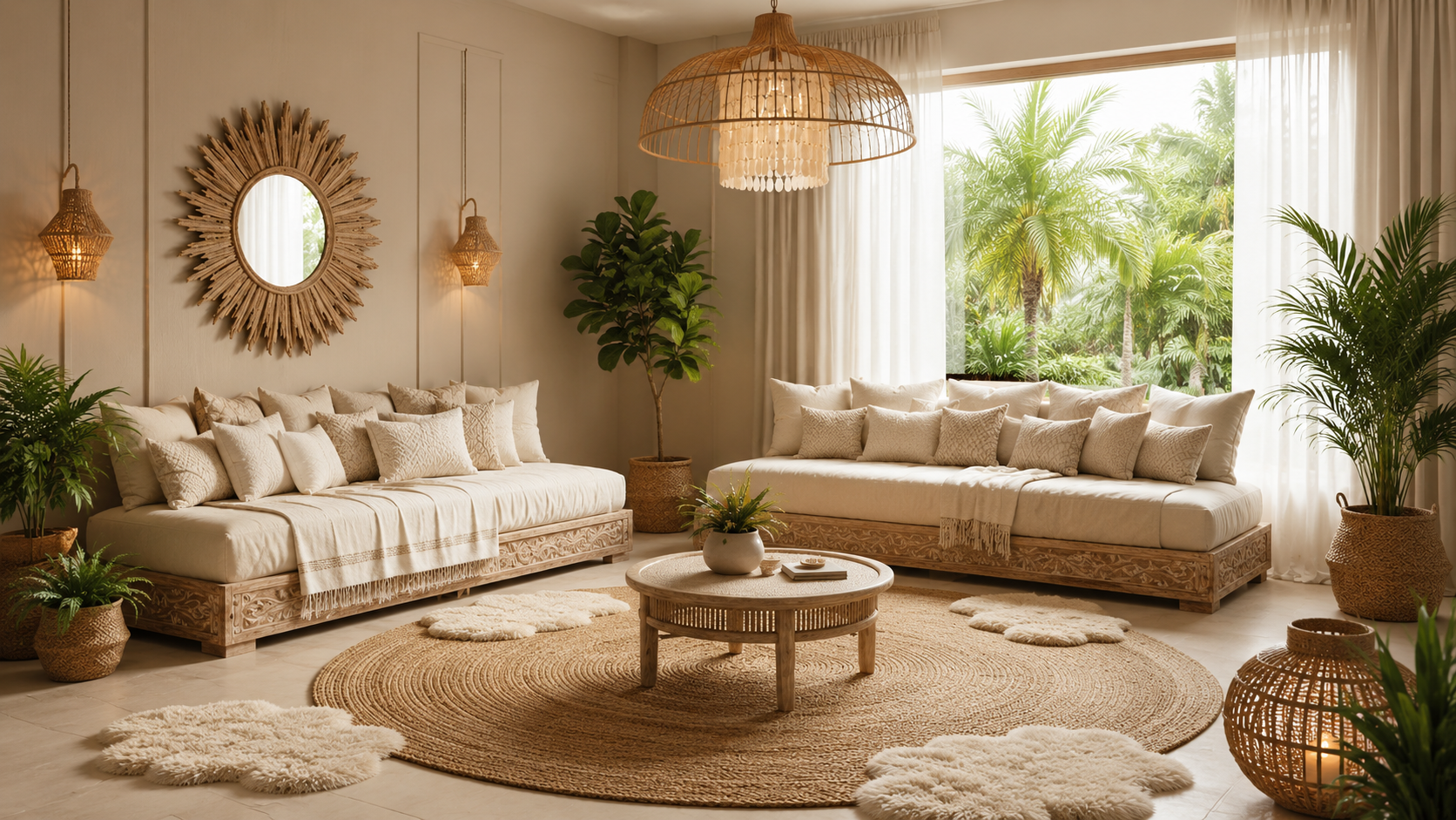 Salon Sand Baya : banquettes en lin, miroir soleil rotin, suspension rotin, palmiers et jungle d'intérieur