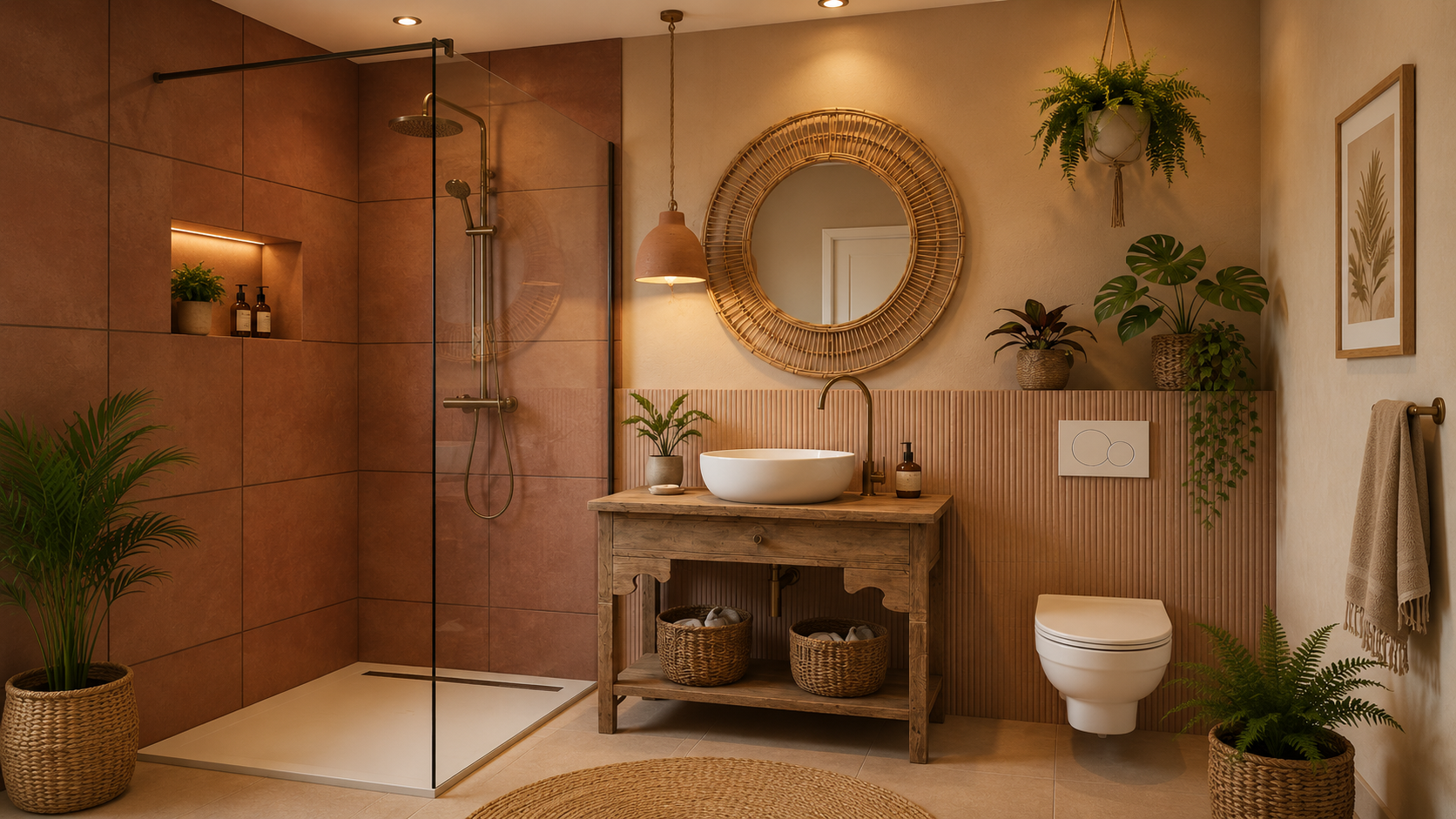 Salle d'eau Sand Baya : carrelage terracotta, miroir rotin, vasque blanche