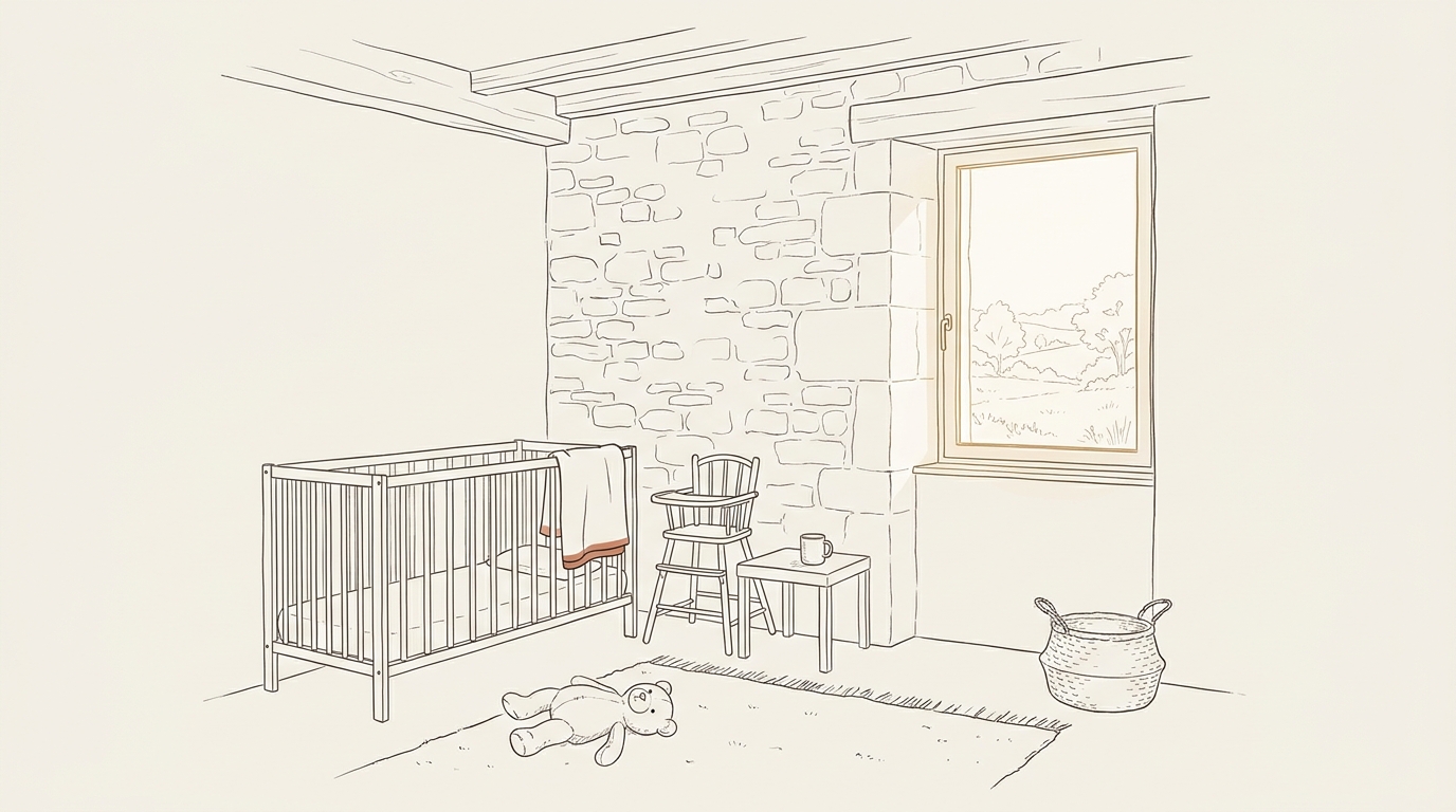 Line-art illustration of a stone cottage bedroom set up for a baby: a wooden travel cot, a high chair, a small table, a soft toy and a window onto the bocage