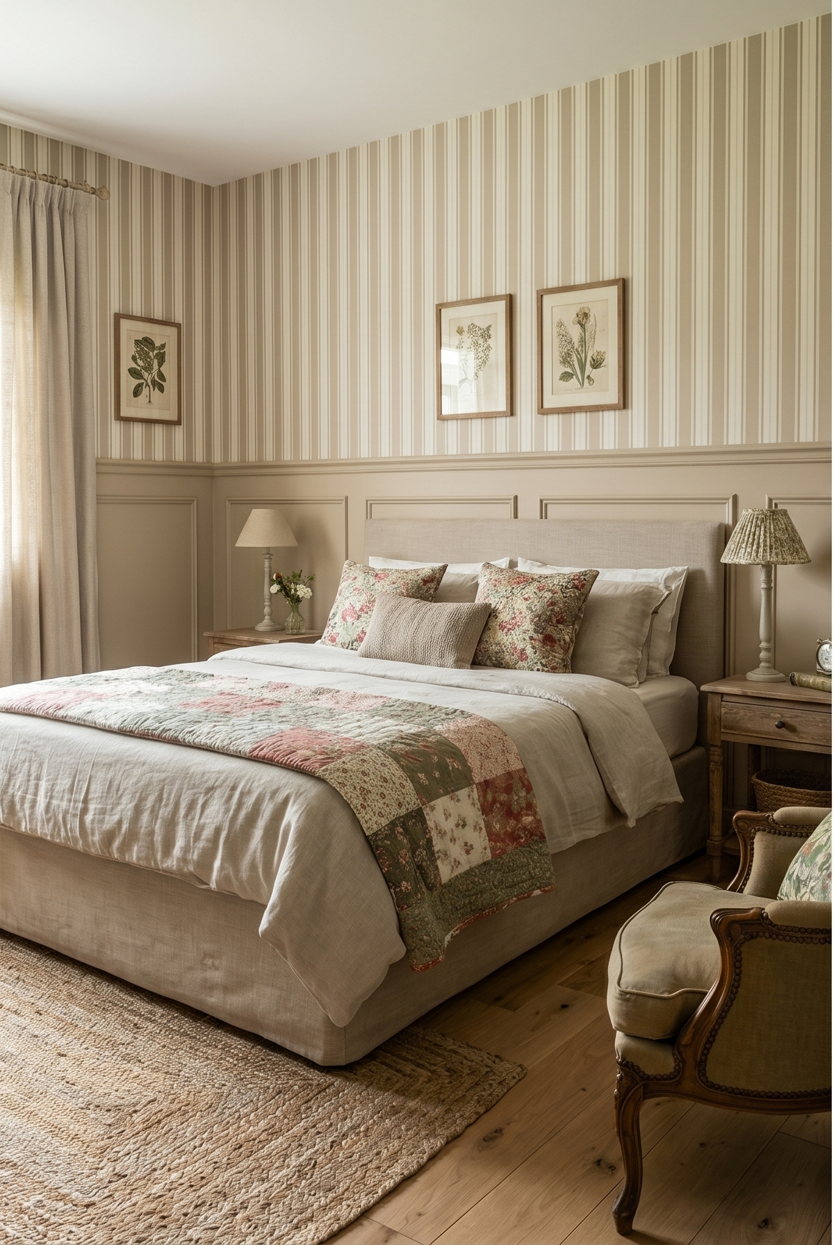 Seconde chambre Cottage : rayures beige, tête de lit capitonnée lin, boutis patchwork rose et vert