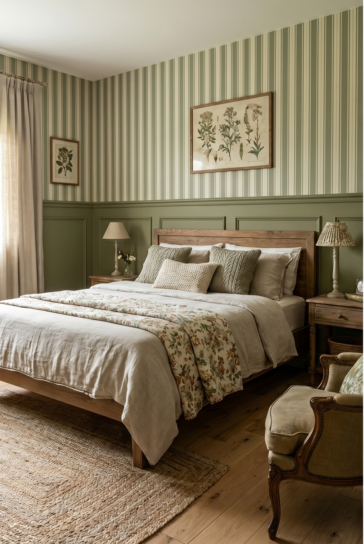 Chambre principale Cottage : rayures vert sauge, lit en chêne, boutis fleuri