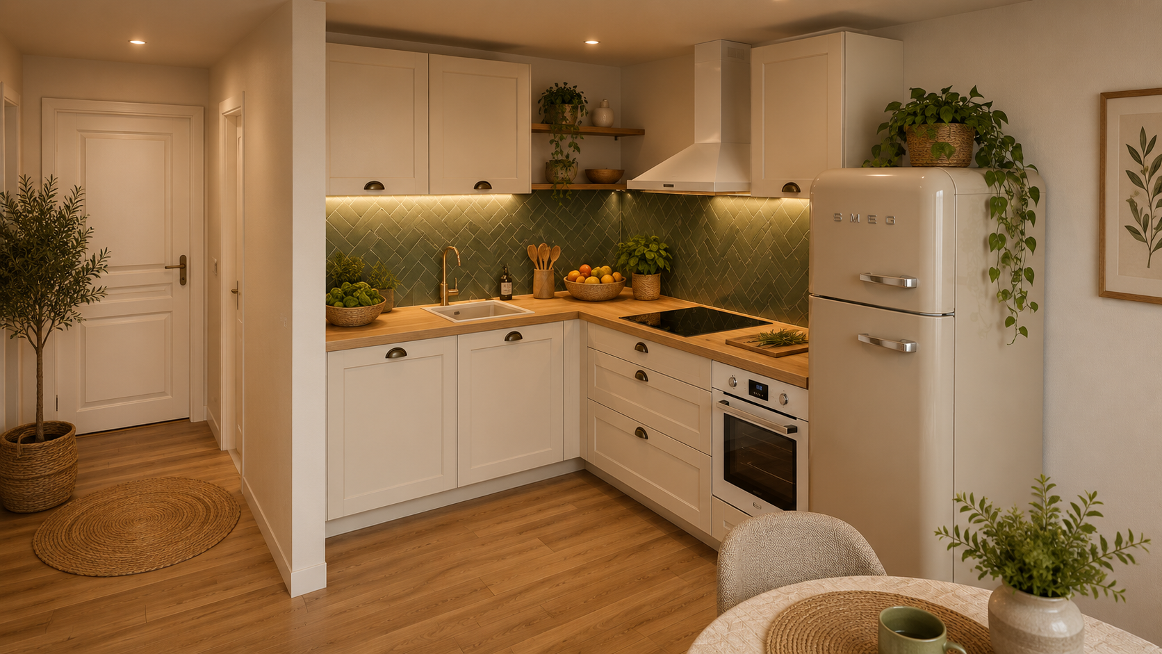 Cuisine Cottage : façades shaker crème, plan de travail bois, crédence en zellige vert, frigo rétro crème, four encastré et plaque à induction, table ronde et chaises tressées