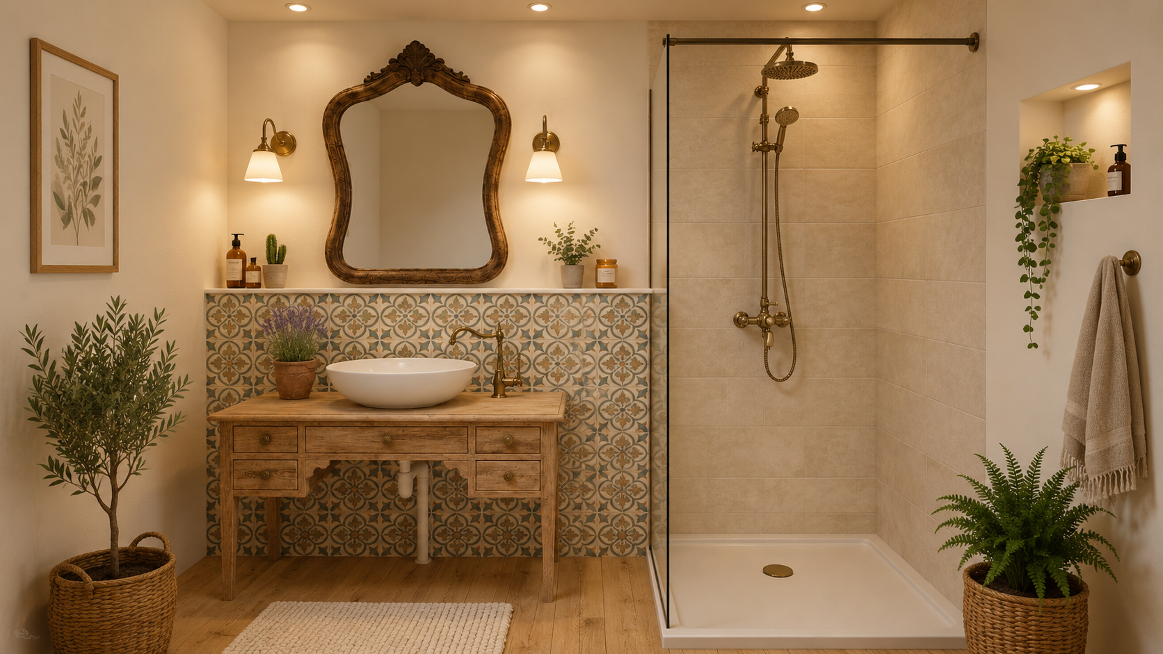 Salle d'eau Cottage : carreaux de ciment bleus, miroir baroque, robinetterie laiton vieilli