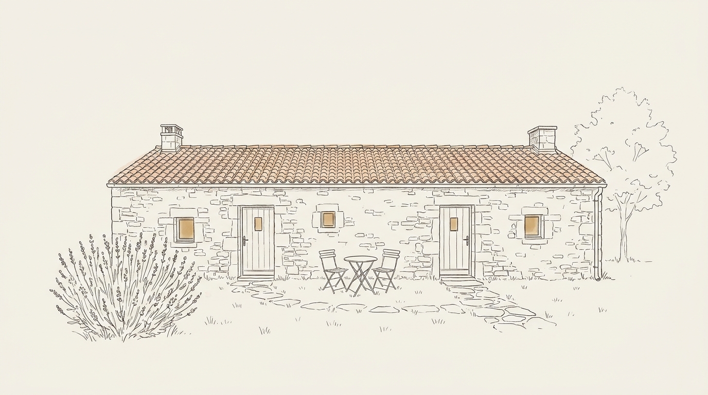 Illustration line-art des deux gîtes de La Grange Essartaise côte à côte : deux portes et deux cheminées sous un même toit en tuiles, avec une table de jardin partagée et un pied de lavande