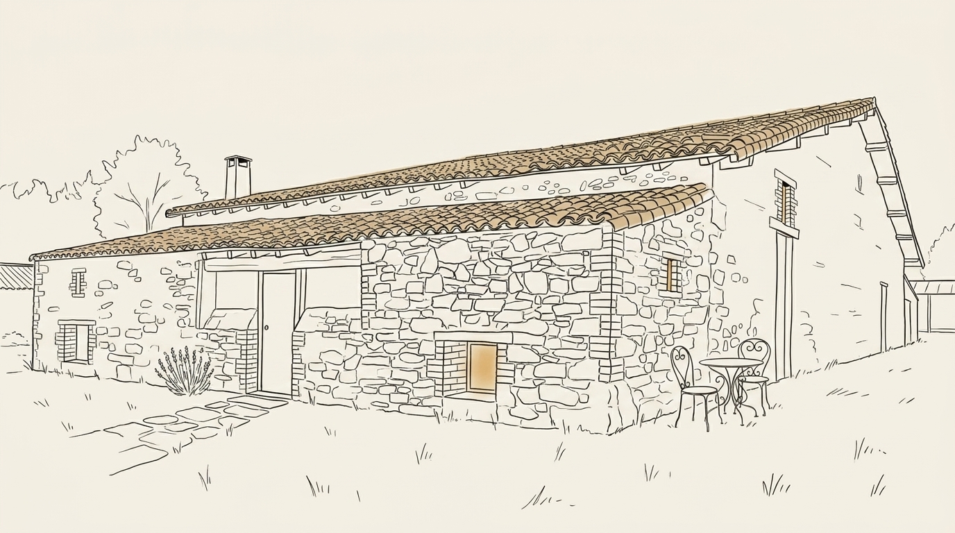 La Grange Essartaise, illustration line-art éditoriale du domaine, deux volumes en pierre, tuiles canal, table de jardin et lavande