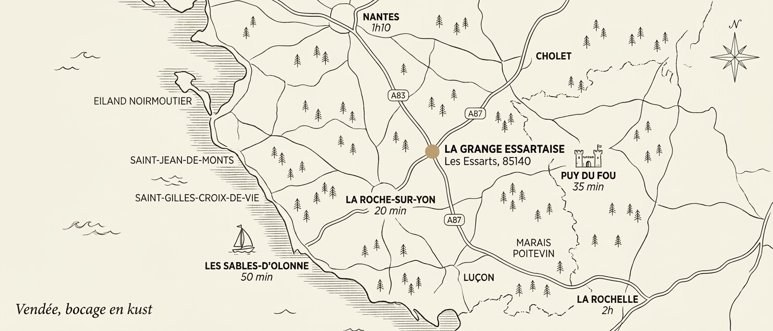 Gestileerde kaart van de Vendée, Les Essarts in het hart van de bocage, 35 min van Puy du Fou