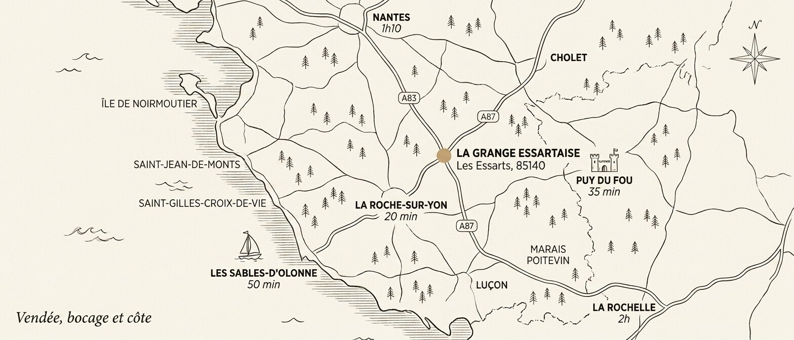 Carte stylisée de la Vendée : Les Essarts au cœur du bocage, à 35 min du Puy du Fou