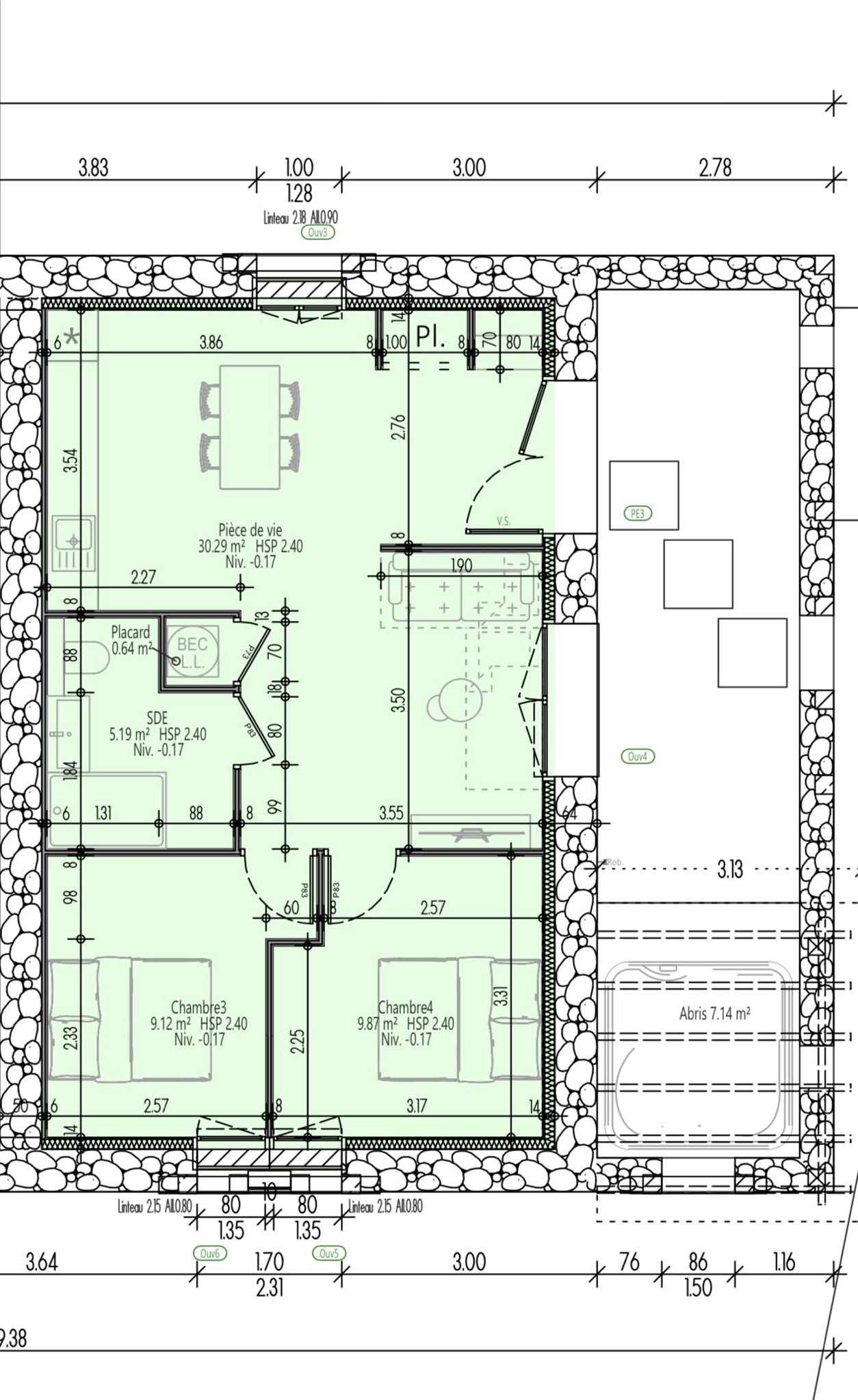 Plan technique Sand Baya : 2 chambres, salle d'eau avec WC intégré, pièce de vie 30 m², abri extérieur