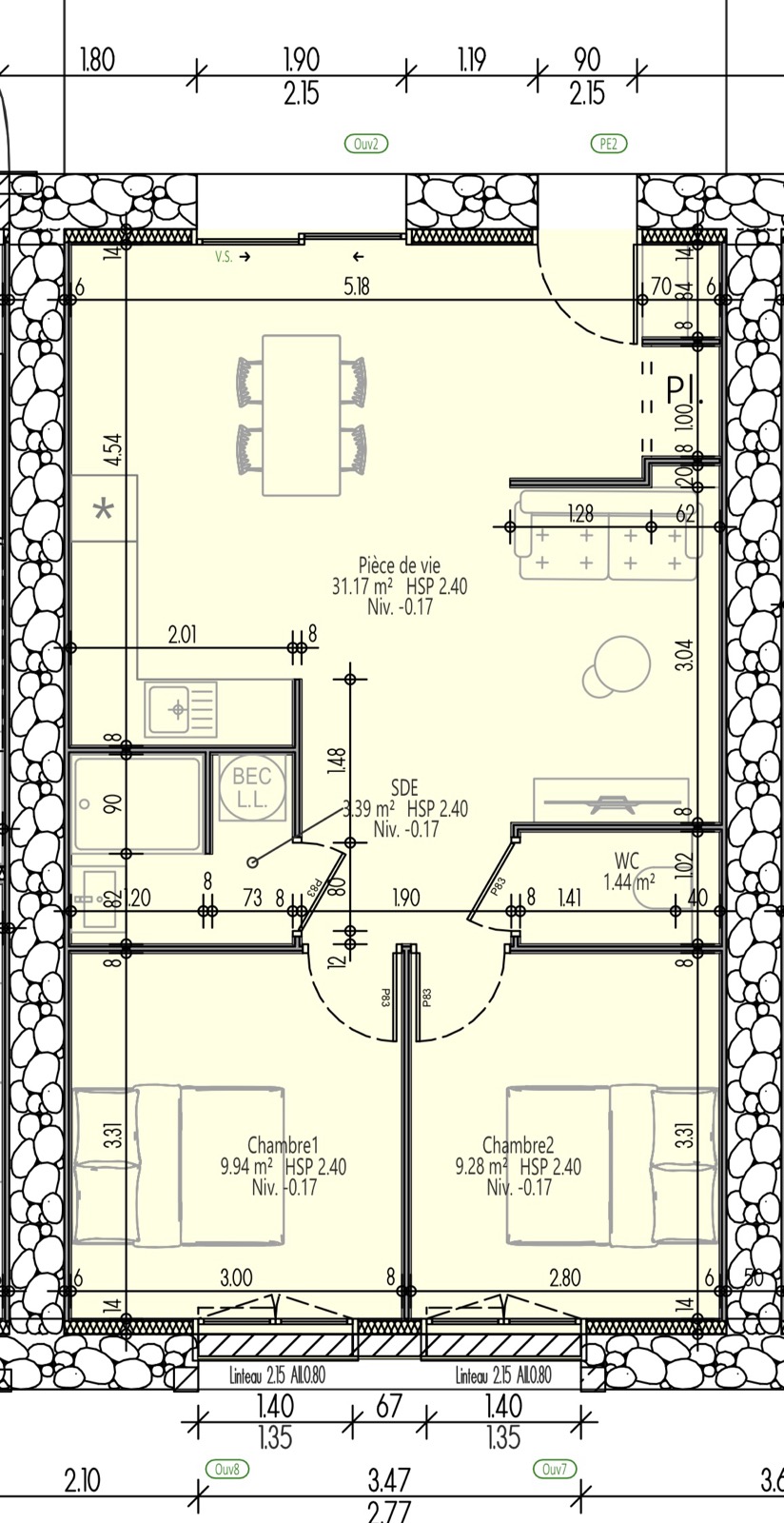 Plan technique Le Cottage : 2 chambres, salle d'eau, WC séparé, pièce de vie 31 m²