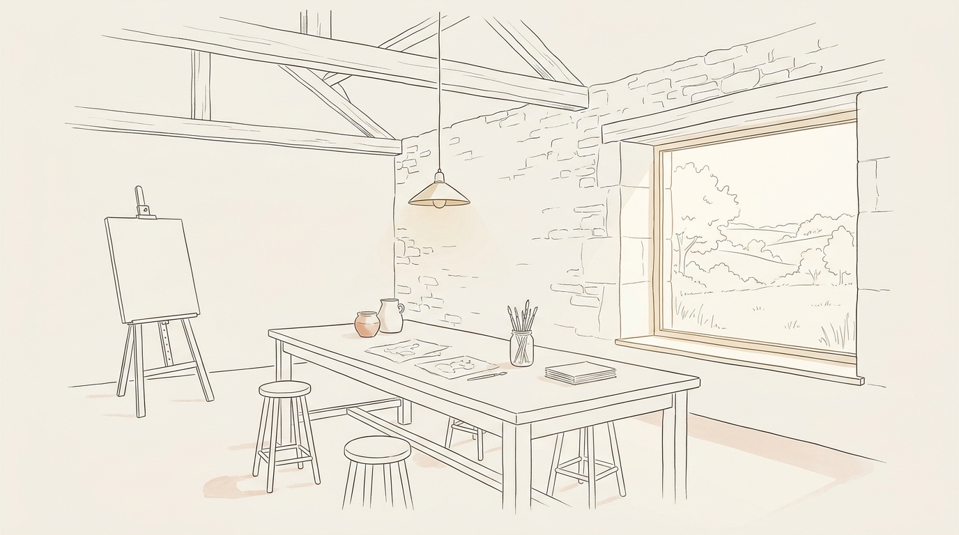 Illustration line-art d'un atelier créatif dans une grange en pierre : grande table de travail, tabourets, chevalet, poteries et fenêtre ouverte sur le bocage vendéen